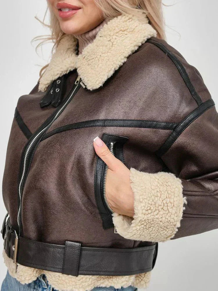 WW | Aviatorjacke - mit Schaffell gefüttert - PU-Leder - Winterwärme