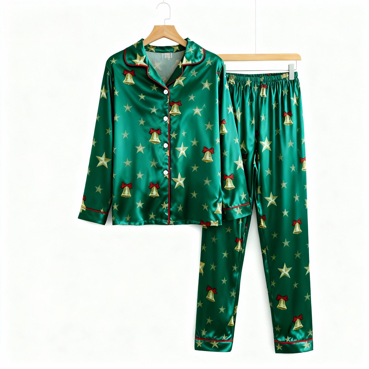 WW | Holiday Couple Button-Down Green Satin Christmas Pajama Set