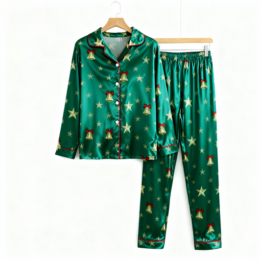 WW | Holiday Couple Button-Down Green Satin Christmas Pajama Set