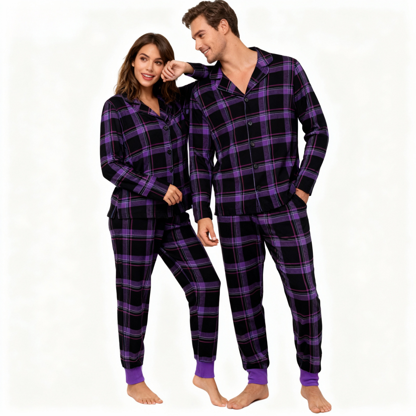 WW | Christmas Purple Plaid Button-Front Pajamas Family Pajama Sets