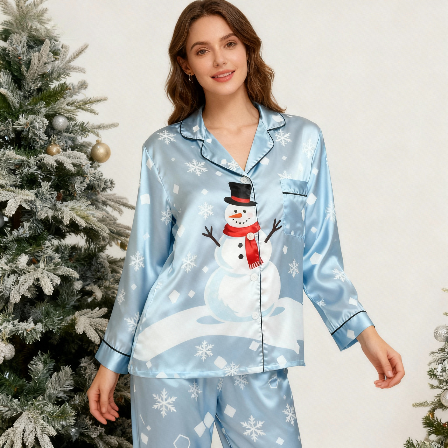 WW | Holiday Family Button-Up Sky Blue Satin Christmas Pajama Set
