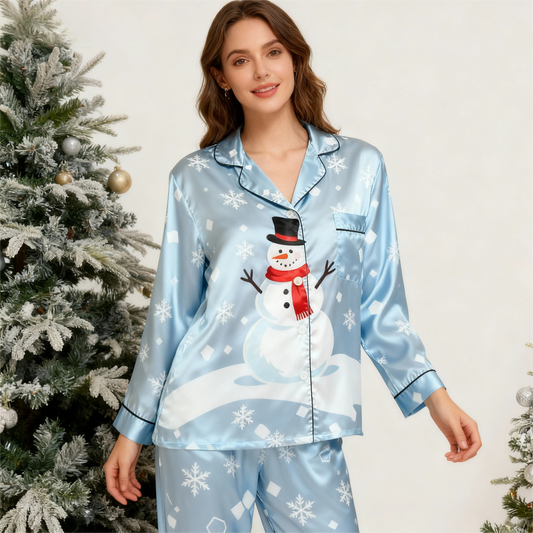 WW | Holiday Family Button-Up Sky Blue Satin Christmas Pajama Set