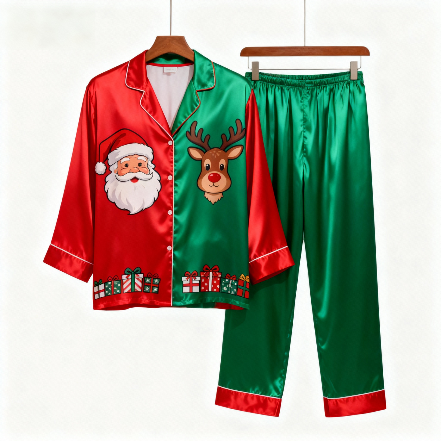 WW | Ferien Paar Weihnachtsmann Druckknopf Satin Weihnachts-Pyjama Set