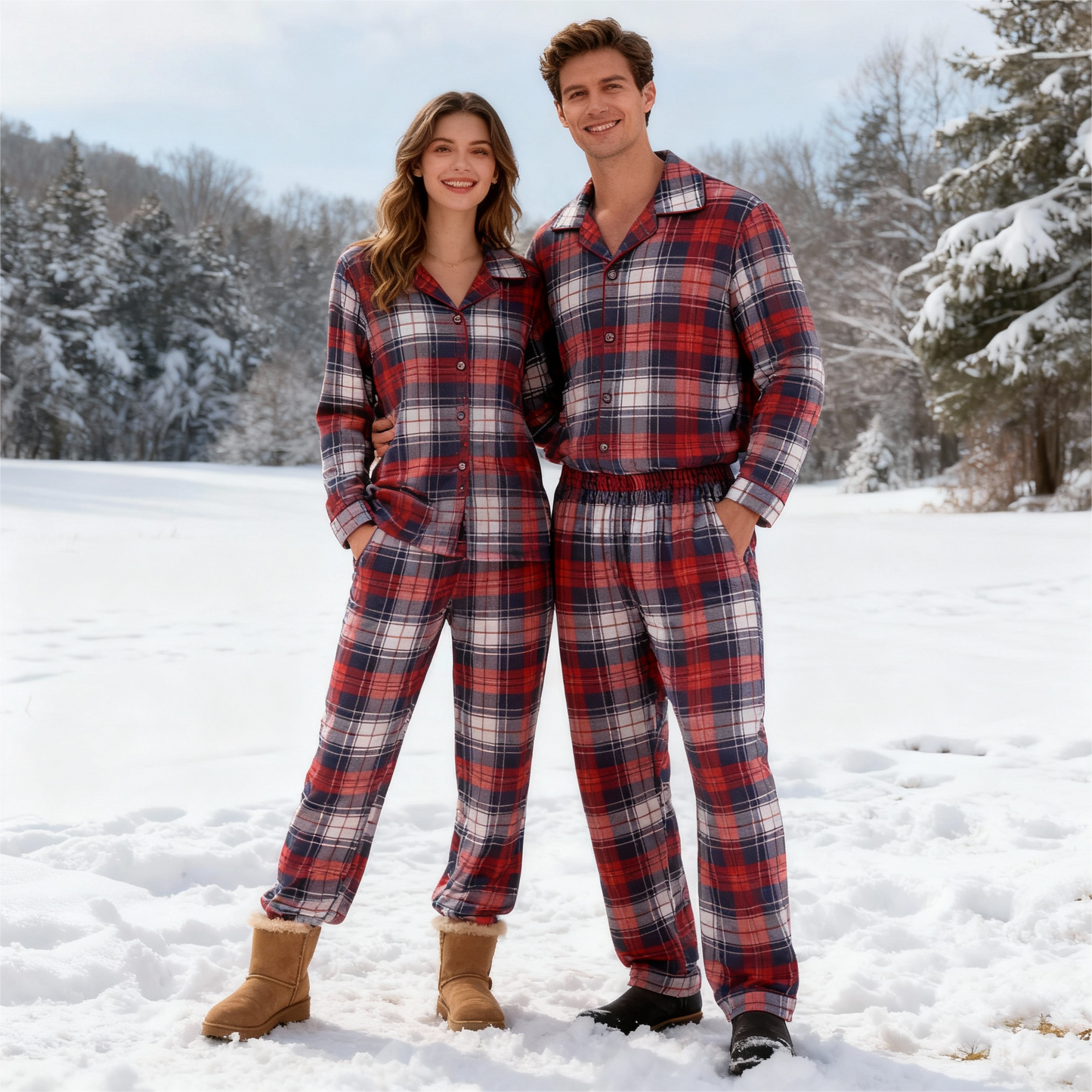WW | Gemütliche Karierte Knopf-Front Pyjama-Sets für Weihnachten