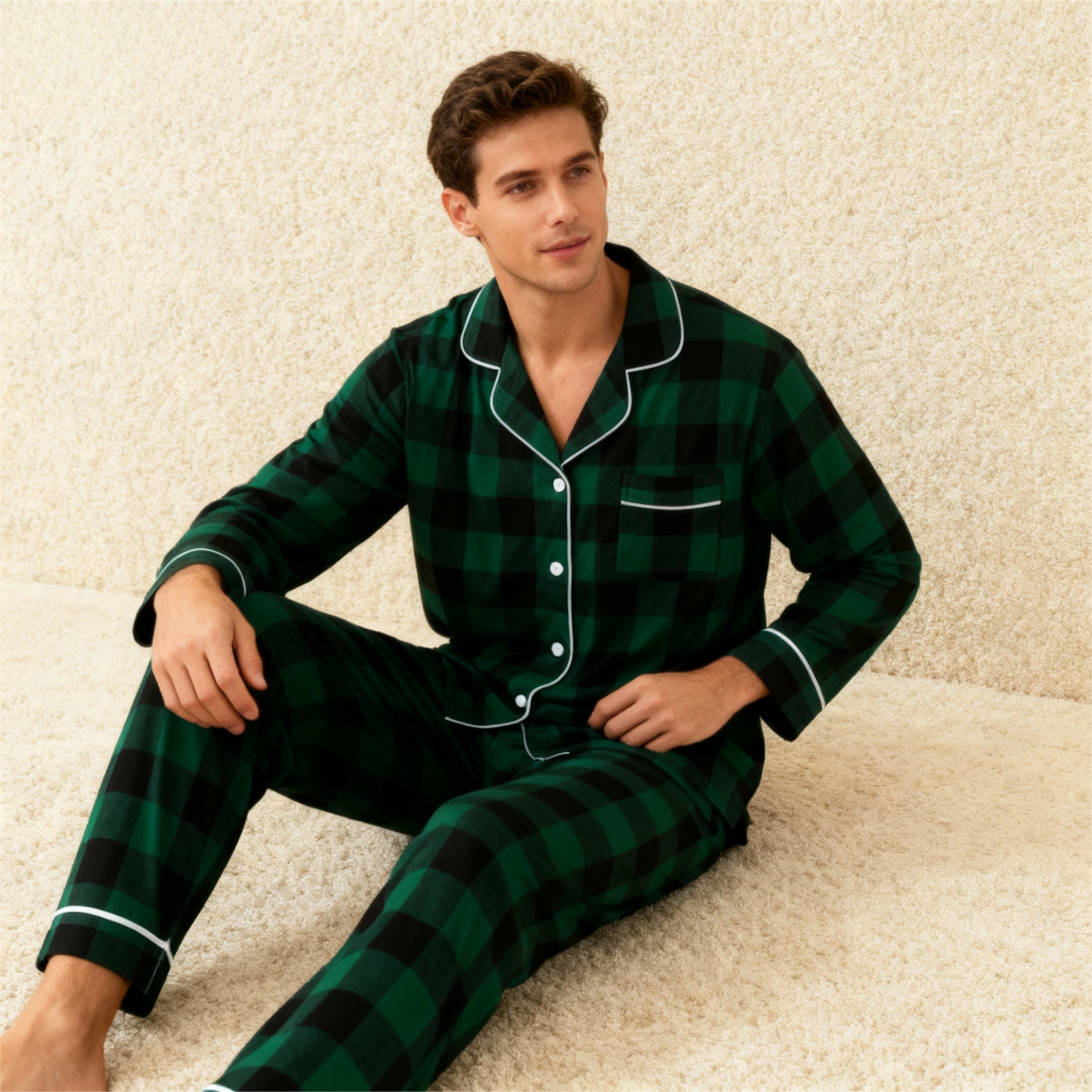 WW | Weihnachten Familie Passende Grüne Karierte Knopf-Down Lange Ärmel Pyjama Sets