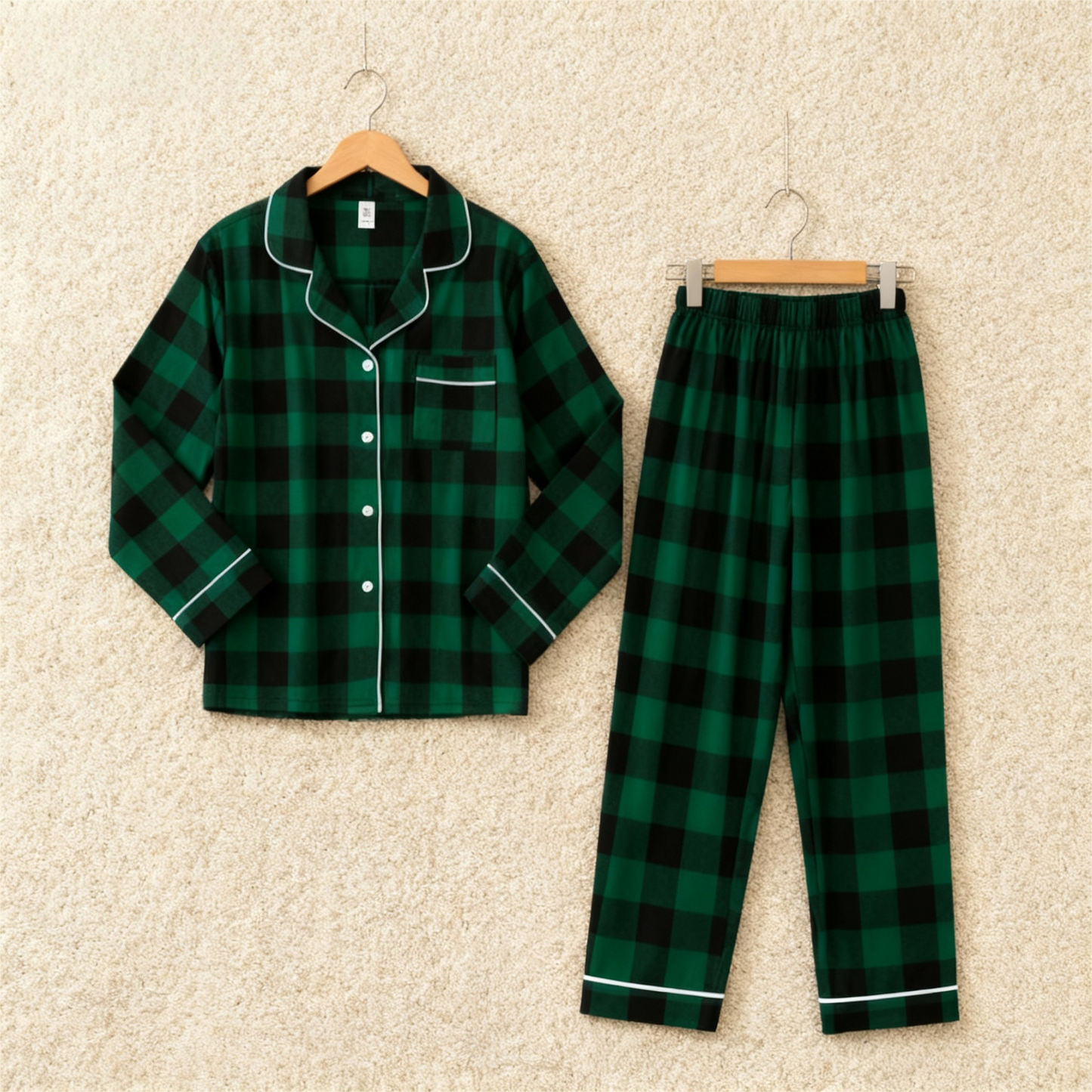 WW | Weihnachten Familie Passende Grüne Karierte Knopf-Down Lange Ärmel Pyjama Sets