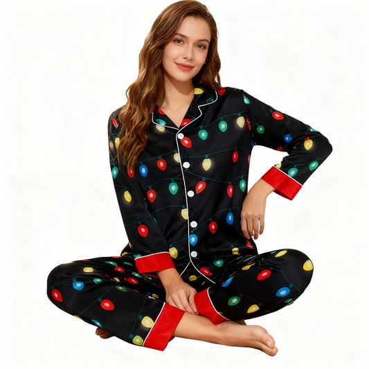WW | Holiday Couple Button-Down Satin Christmas Pajama Set