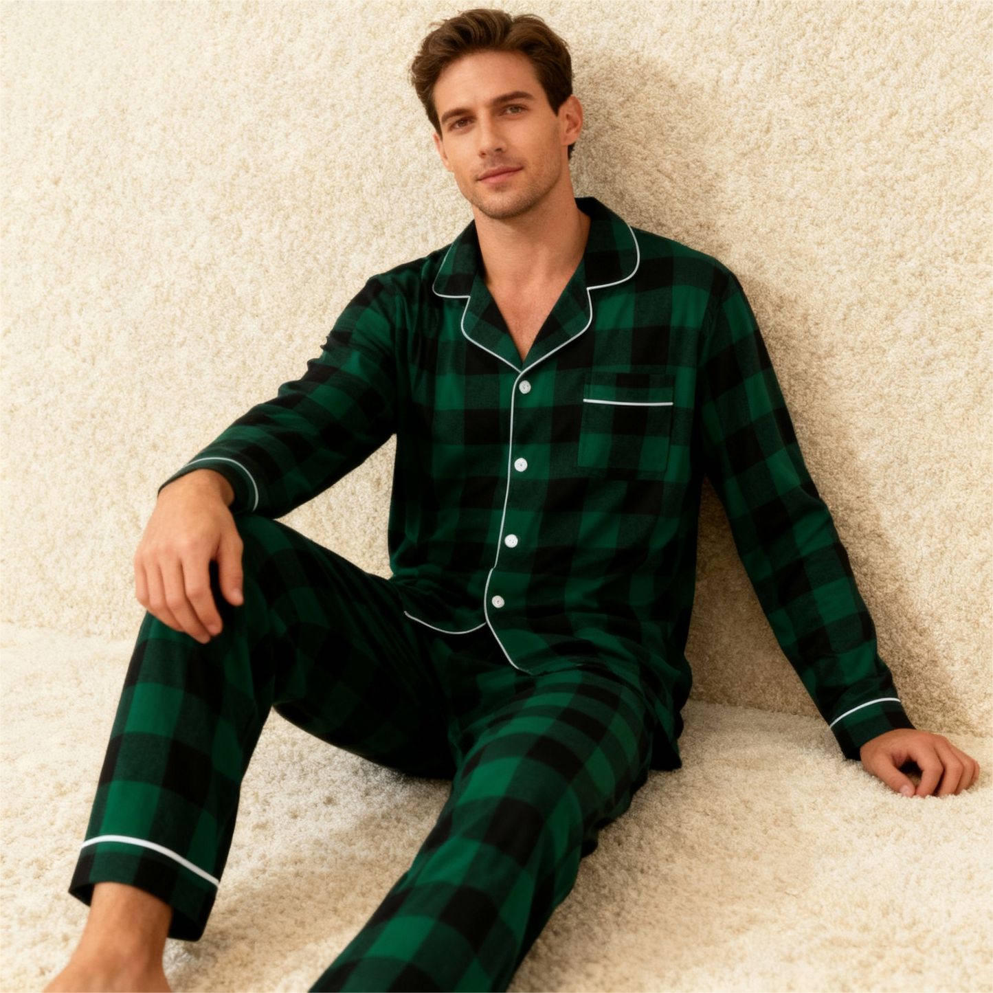WW | Weihnachten Familie Passende Grüne Karierte Knopf-Down Lange Ärmel Pyjama Sets