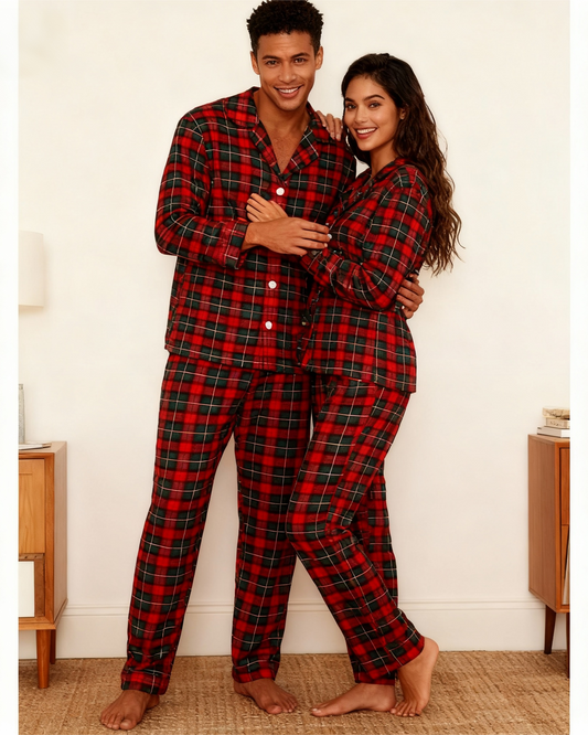 WW | Christmas Red and Green Plaid Button Up Couple Pajama Sets