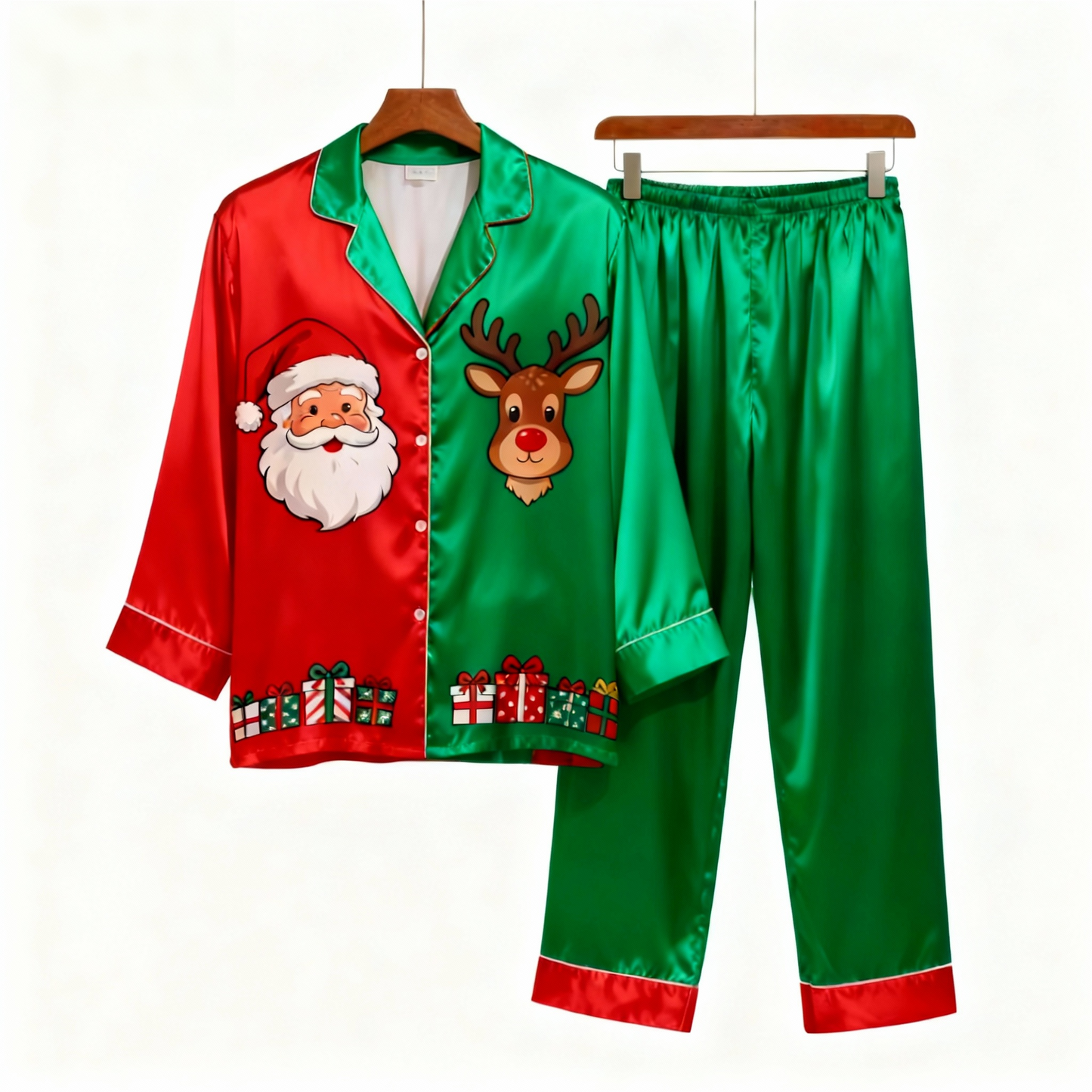 WW | Feiertagsfamilie Santa Claus Knopf-auf Satin Weihnachtsbaum-Pyjama-Set
