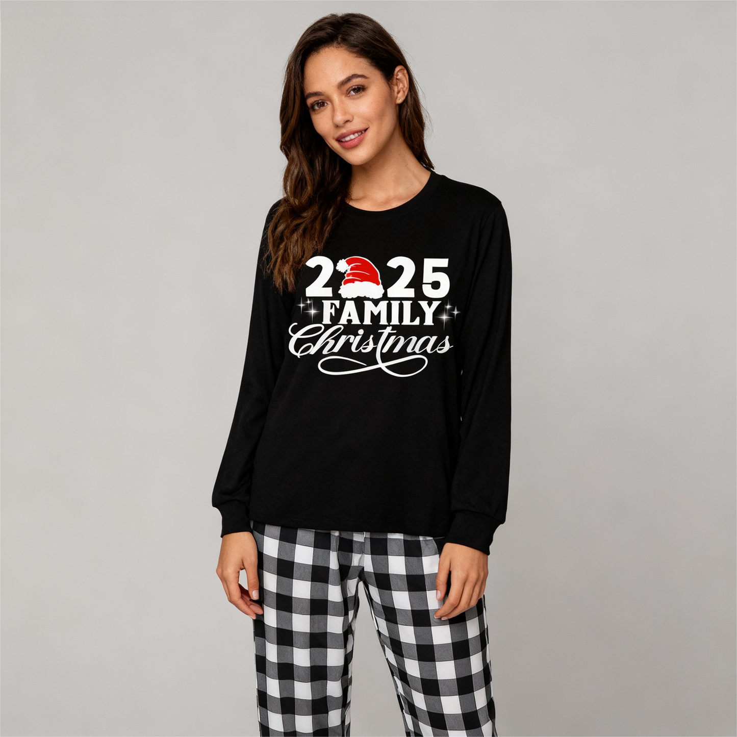 WW | "2025 Family Christmas" Letter Print Black Long-Sleeved T-Shirt with Black and White Plaid Pants Family Matching Pajamas