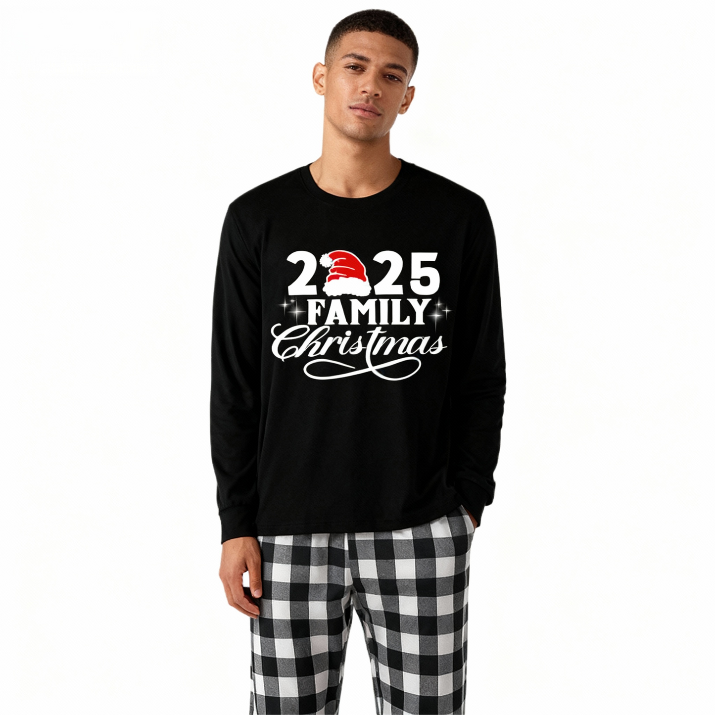 WW | "2025 Family Christmas" Letter Print Black Long-Sleeved T-Shirt with Black and White Plaid Pants Family Matching Pajamas