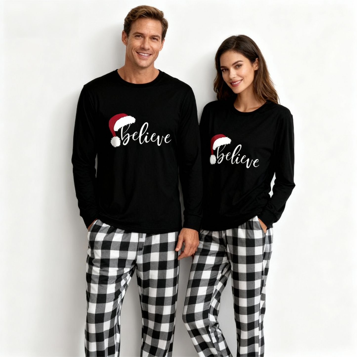 WW | Weihnachtsmütze und 'Believe' Buchstabenprint gemustertes Schwarz-Weiß kariertes Schlafanzug-Set