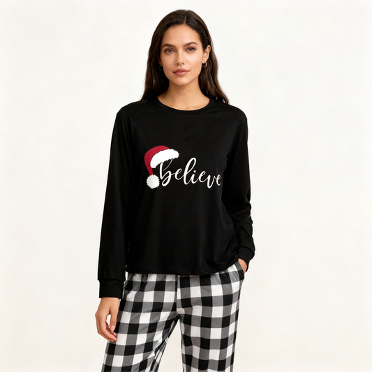 WW | Santa Hat and 'Believe' Letter Print Black-and-White Plaid Pajama Set