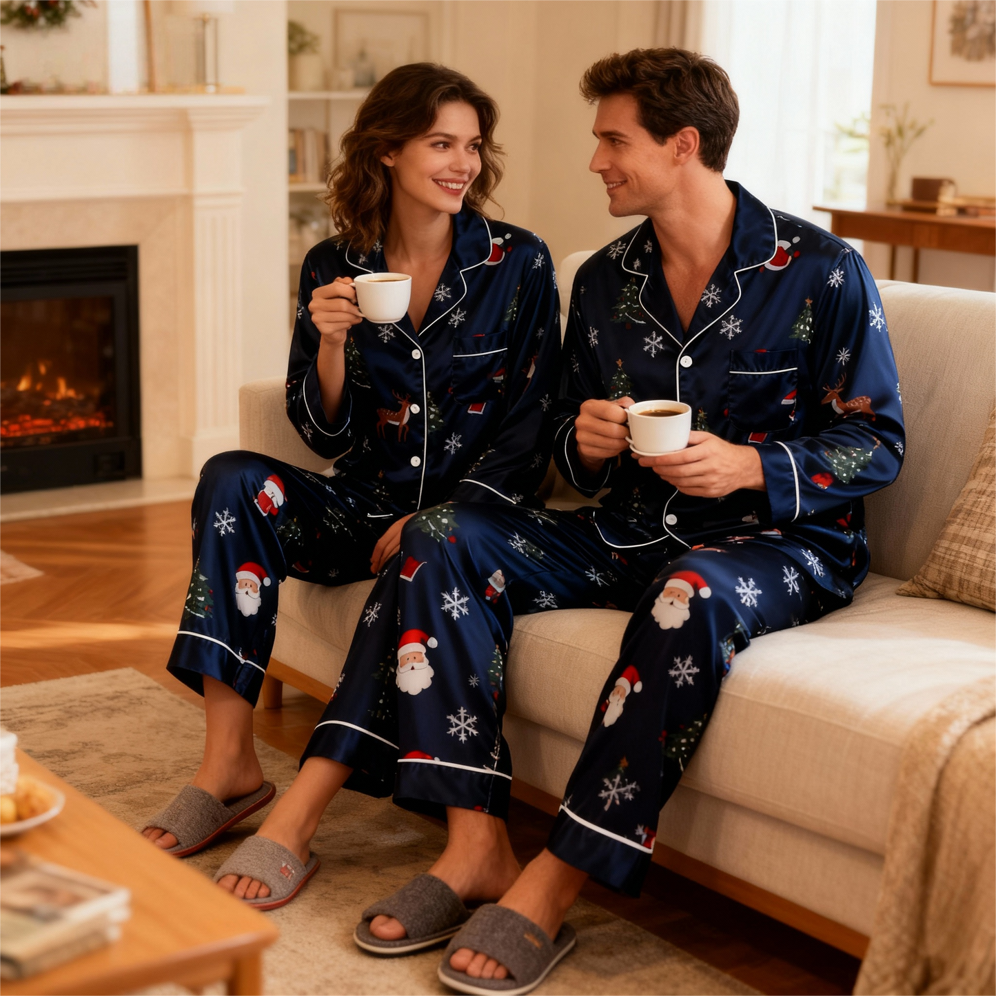 WW | Vacation Family Button-Down Navy Blue Satin Christmas Pajama Set