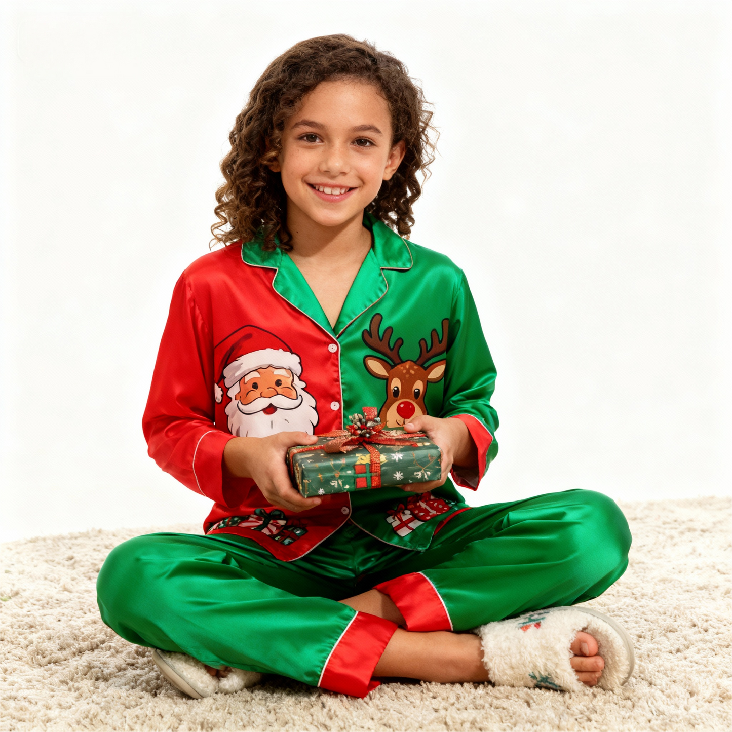 WW | Feiertagsfamilie Santa Claus Knopf-auf Satin Weihnachtsbaum-Pyjama-Set