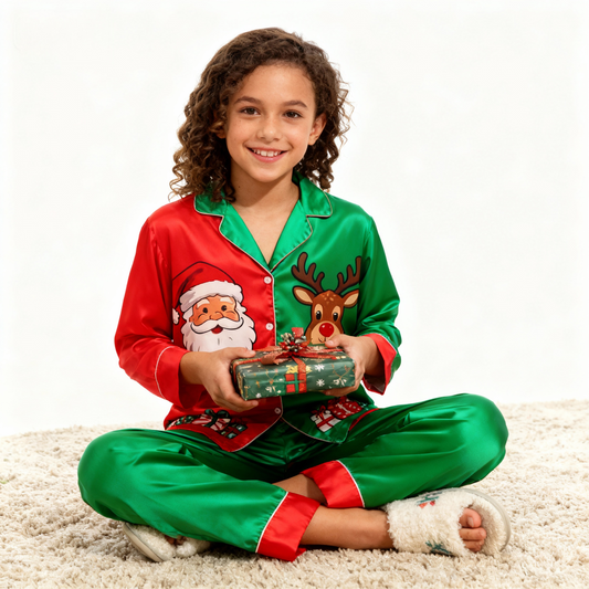 WW | Holiday Family Santa Claus Button-Up Satin Christmas Tree Pajama Set