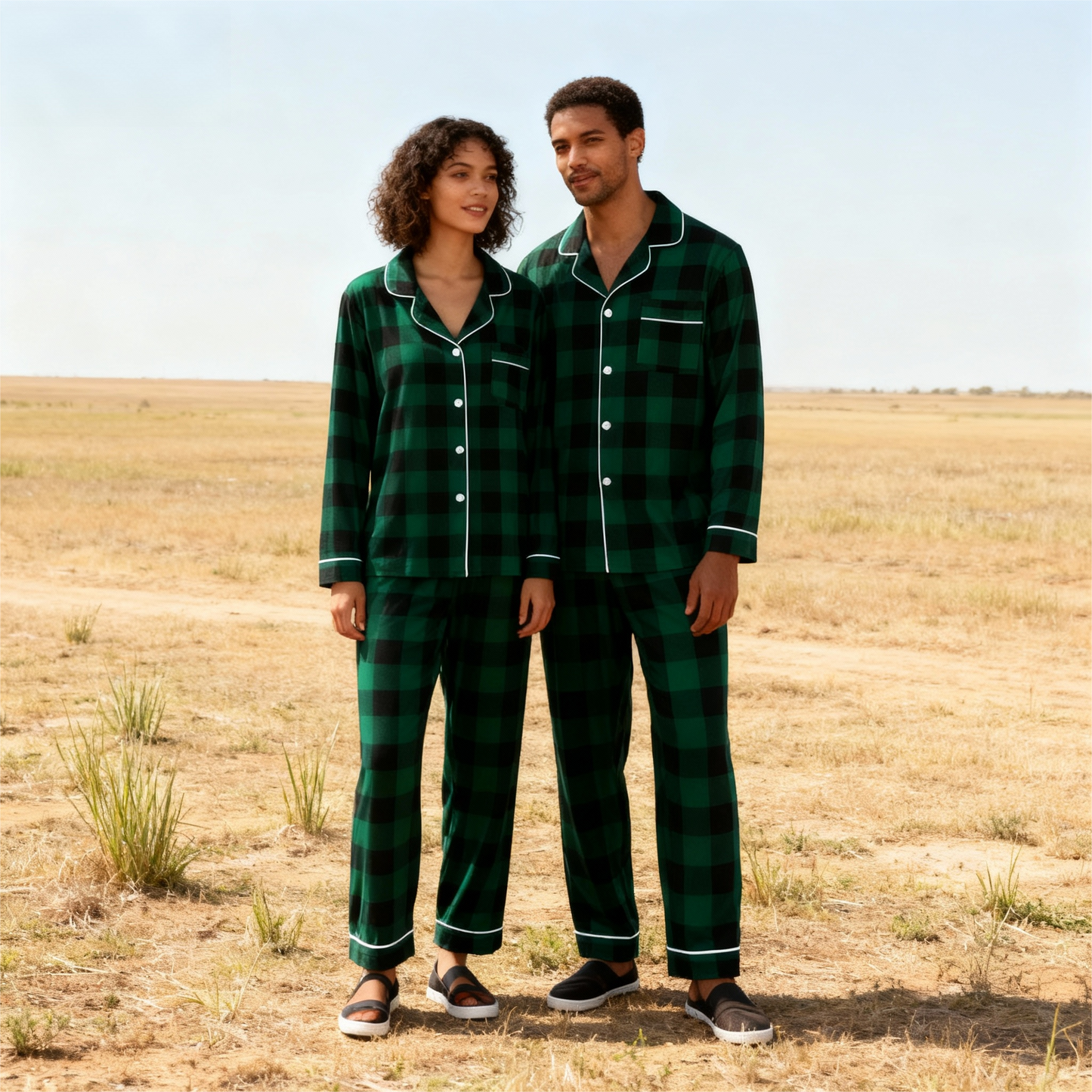 WW | Weihnachten Familie Passende Grüne Karierte Knopf-Down Lange Ärmel Pyjama Sets