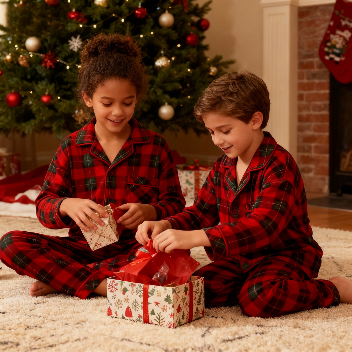 WW | Christmas Family Matching Red and Green Plaid Button-Down Long-Sleeve Pajama Sets