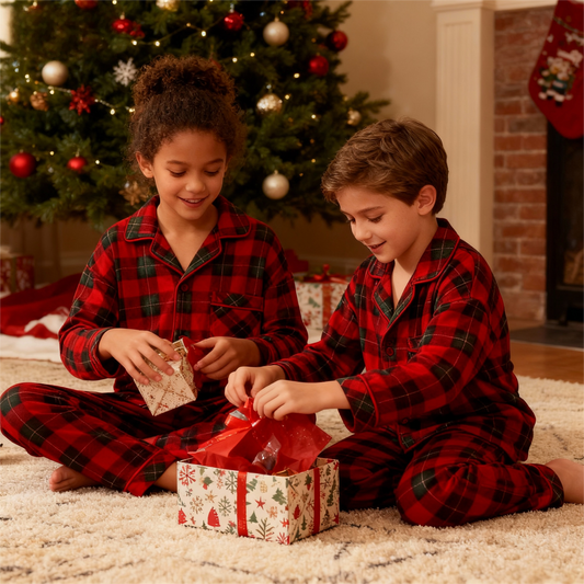 WW | Christmas Family Matching Red and Green Plaid Button-Down Long-Sleeve Pajama Sets