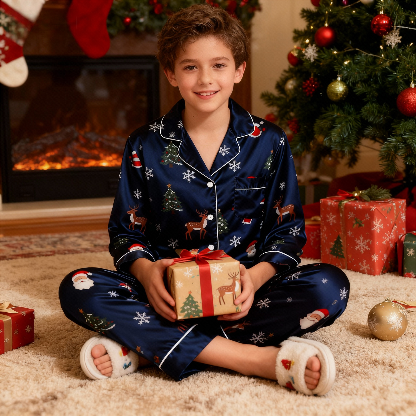 WW | Vacation Family Button-Down Navy Blue Satin Christmas Pajama Set