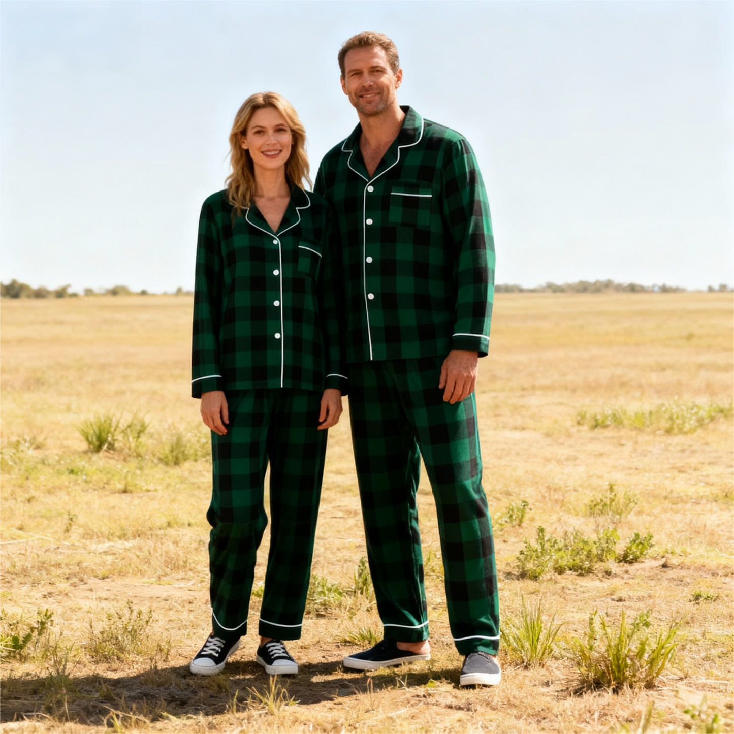 WW | Weihnachten Familie Passende Grüne Karierte Knopf-Down Lange Ärmel Pyjama Sets