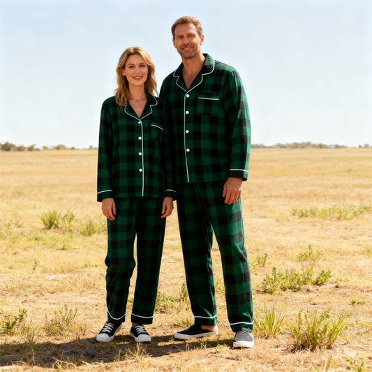 WW | Christmas Family Matching Green Plaid Button-Down Long Sleeve Pajama Sets