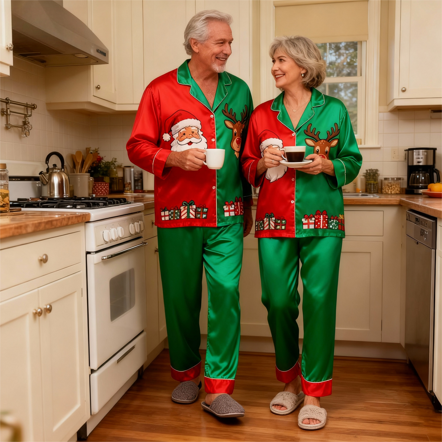 WW | Feiertagsfamilie Santa Claus Knopf-auf Satin Weihnachtsbaum-Pyjama-Set