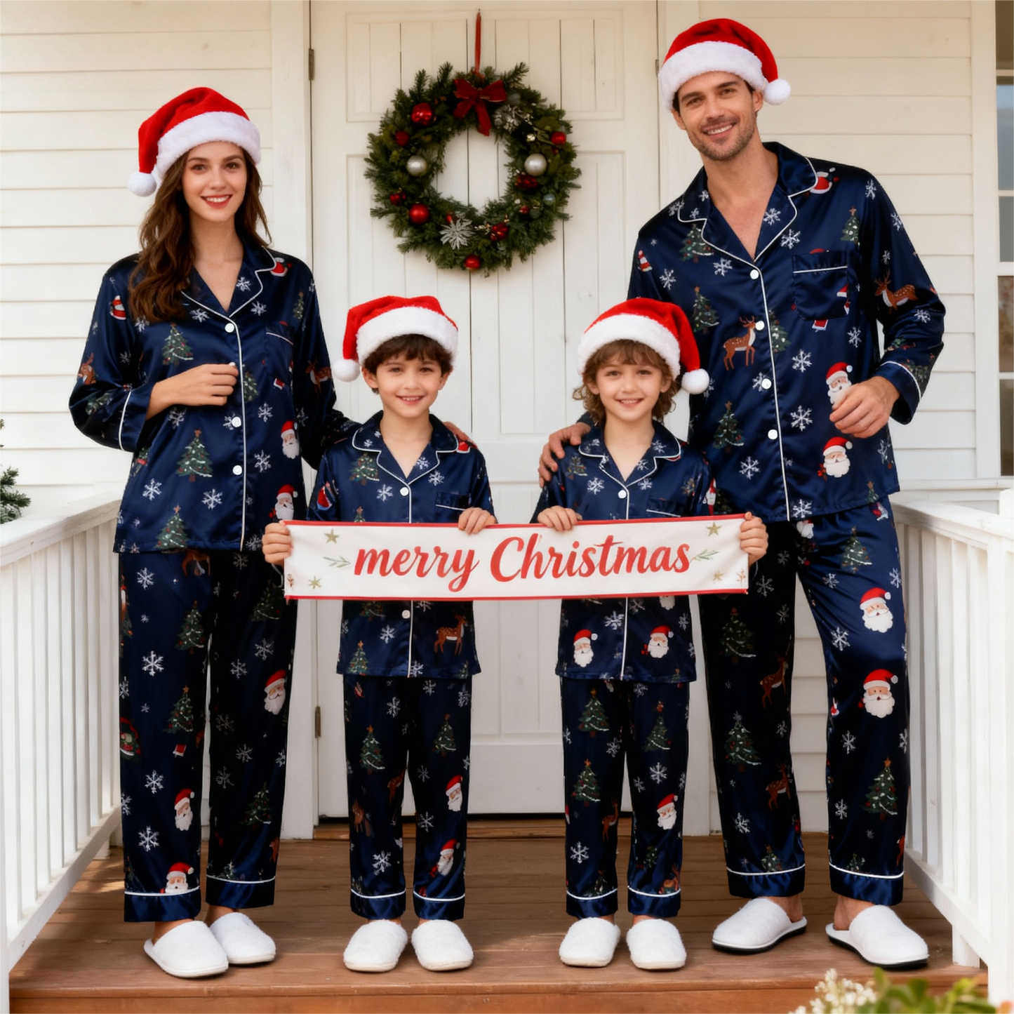 WW | Vacation Family Button-Down Navy Blue Satin Christmas Pajama Set