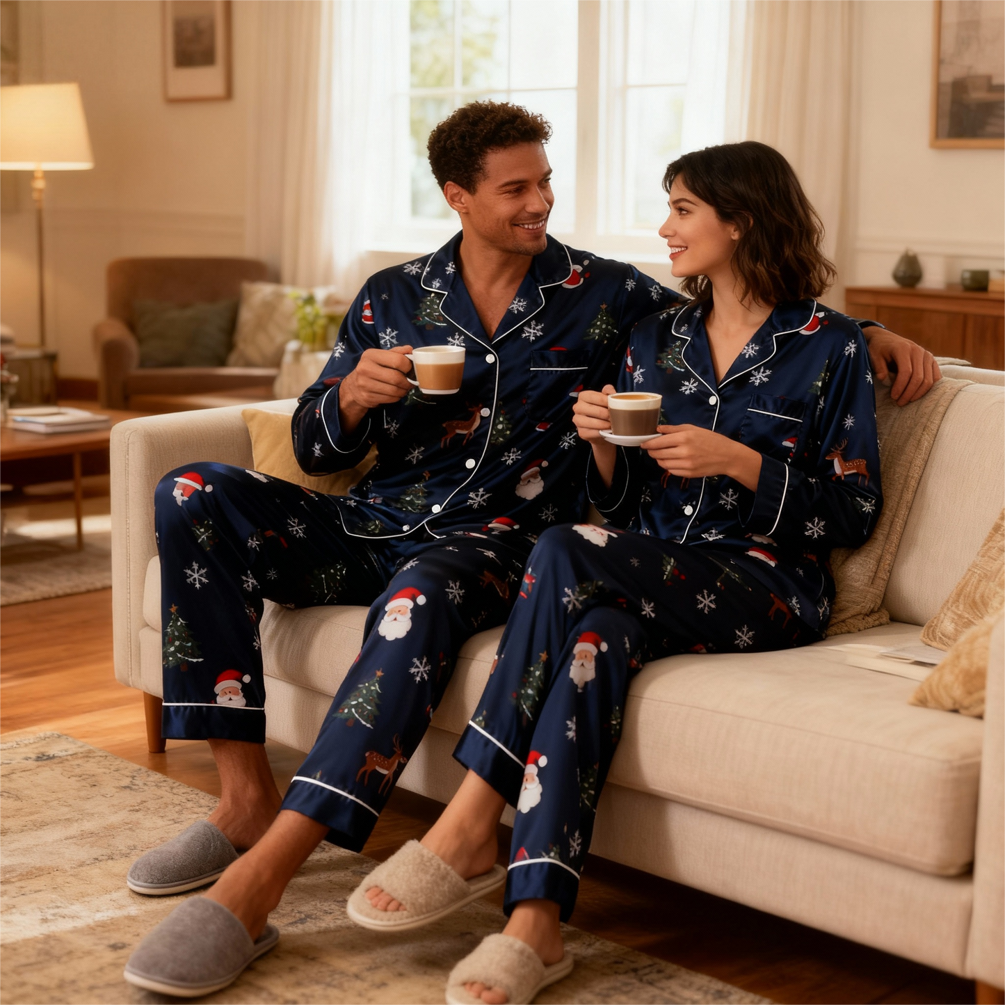 WW | Vacation Family Button-Down Navy Blue Satin Christmas Pajama Set