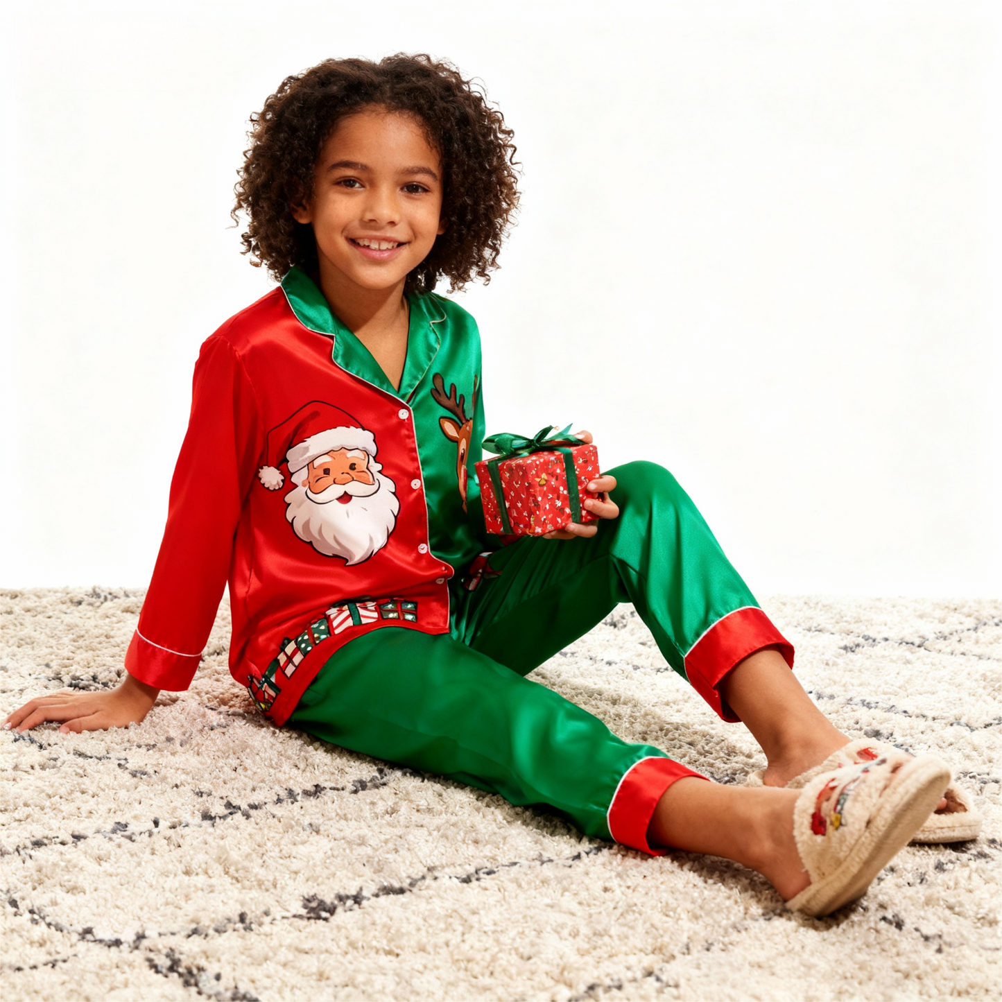 WW | Feiertagsfamilie Santa Claus Knopf-auf Satin Weihnachtsbaum-Pyjama-Set