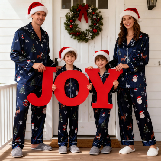 WW | Vacation Family Button-Down Navy Blue Satin Christmas Pajama Set