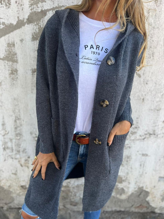 WW | Cardigan - Langer Offener Front - Geripptes Strick - Knopfverschluss & Vordertaschen