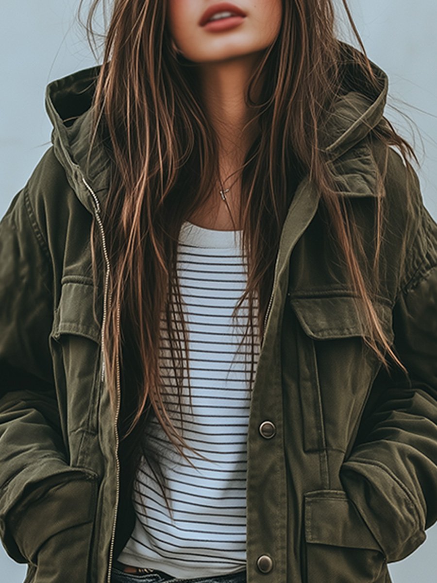 WW | Vintage Winddichte Arbeitsjacke Mit Kapuze Und Mehreren Taschen