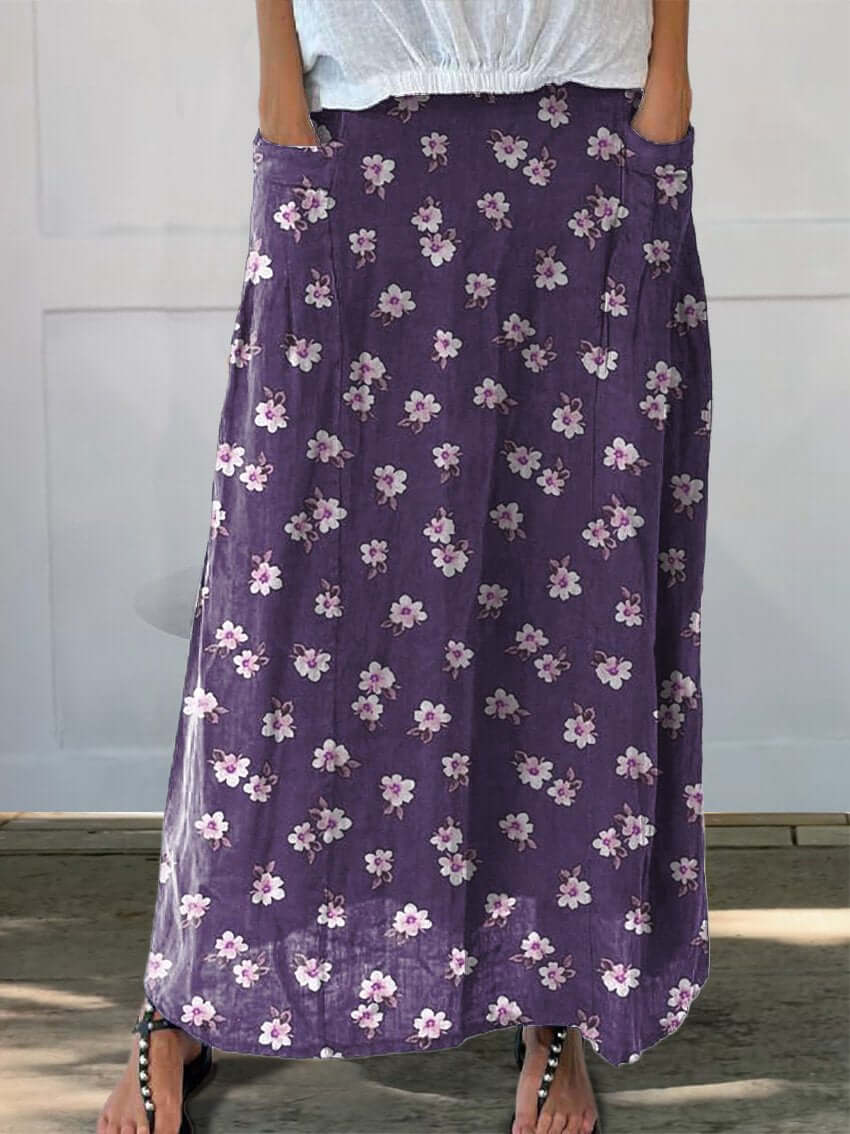 WW | Plumeria Floral Design Printed Women's Linen Skirt with Pockets