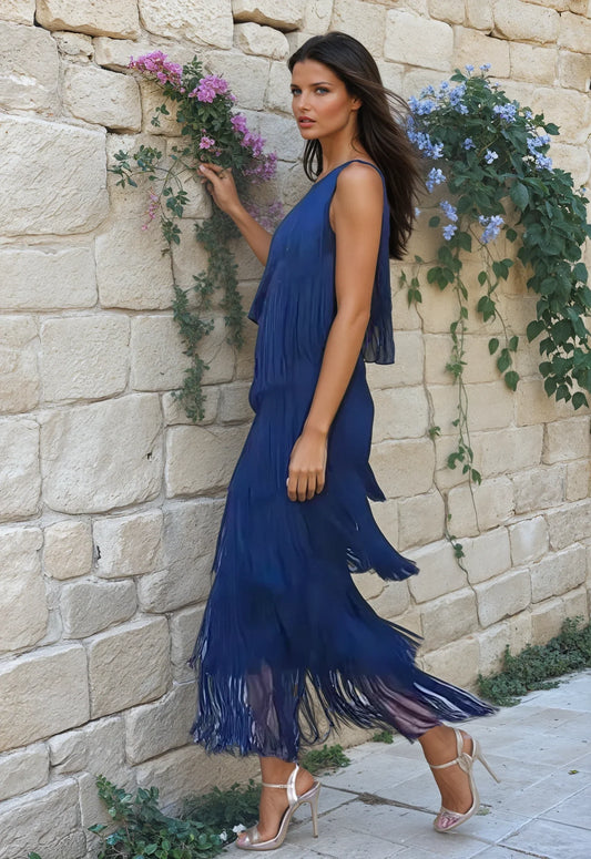 Veronica – Elegant Dress with Fringe and Off-the-Shoulder Design