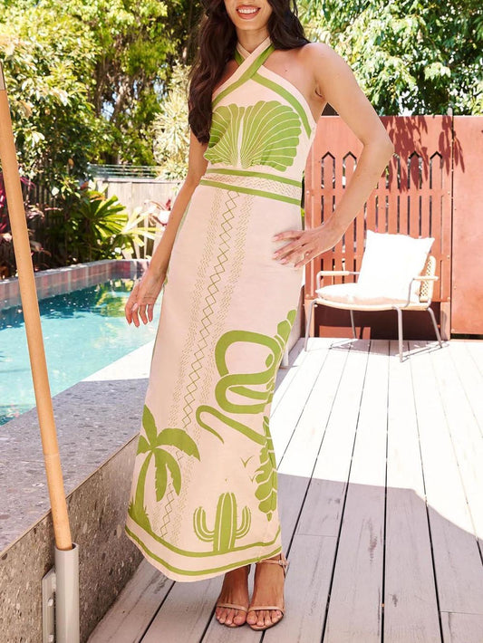 Elegant and sexy maxi dress with ethnic print, slim fit, and halter neck