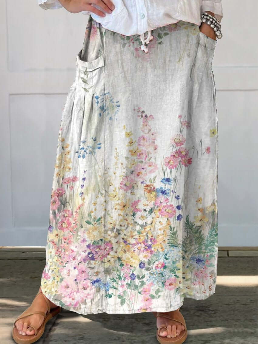 WW | Retro Elegante Florale Kunst Leinen Elastischer Taillenbund Taschenrock