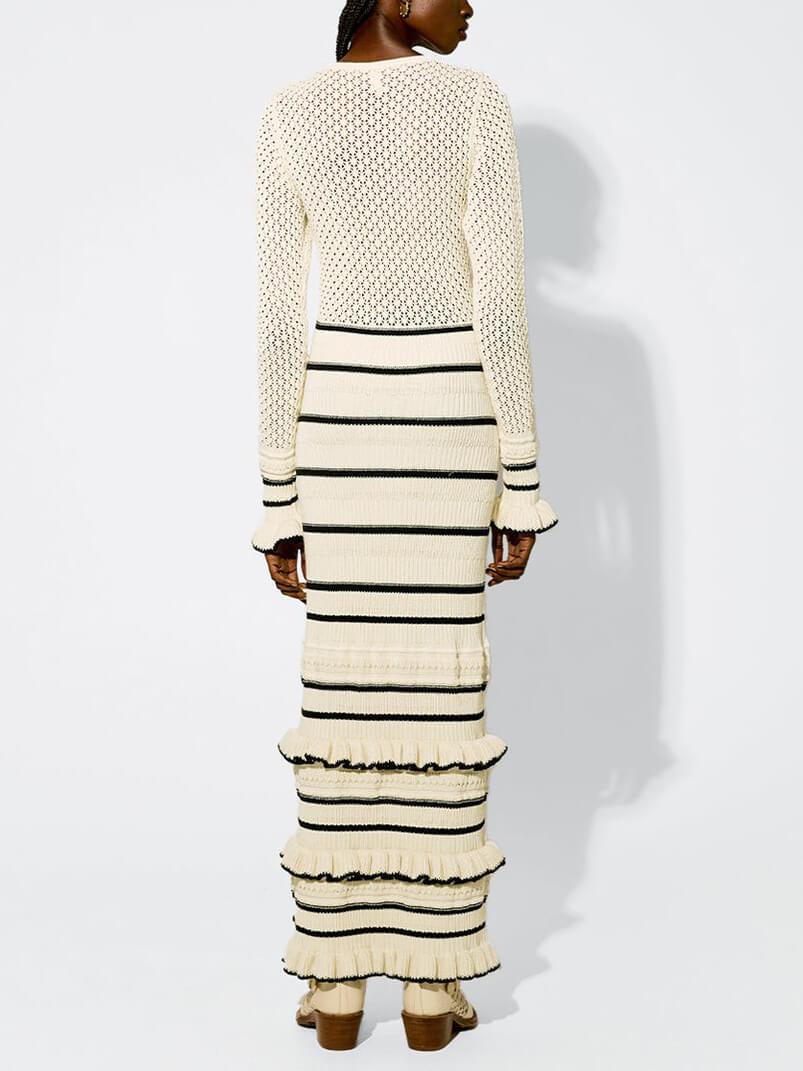 Knitted maxi dress with stripes, ruffles and long sleeves