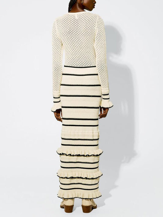 Knitted maxi dress with stripes, ruffles and long sleeves