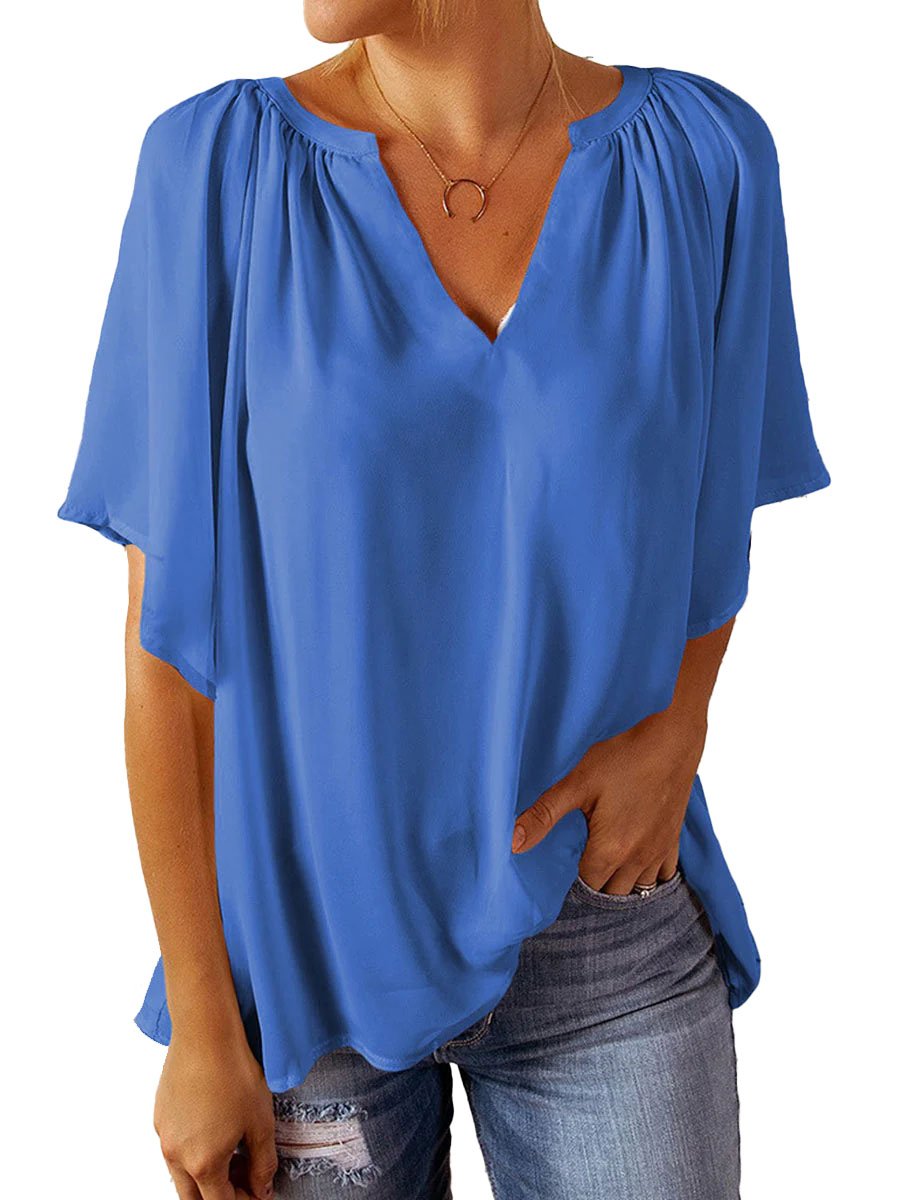 WW | Casual V Neck Loose Chiffon Tunic Blouse with Pleats