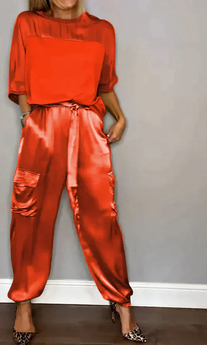 WW | Zweiteiliges Satinanzug Mit Mittellanger Bluse Und Hose Für Damen