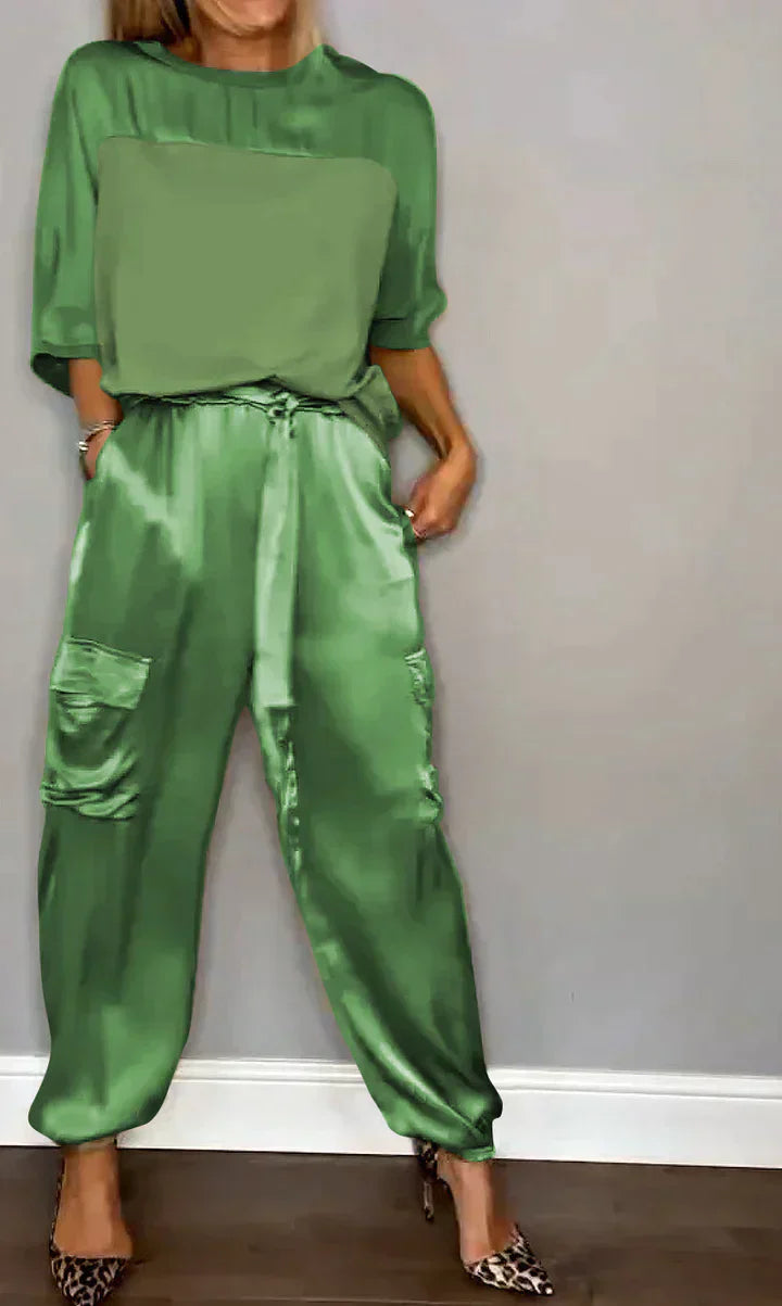 WW | Zweiteiliges Satinanzug Mit Mittellanger Bluse Und Hose Für Damen