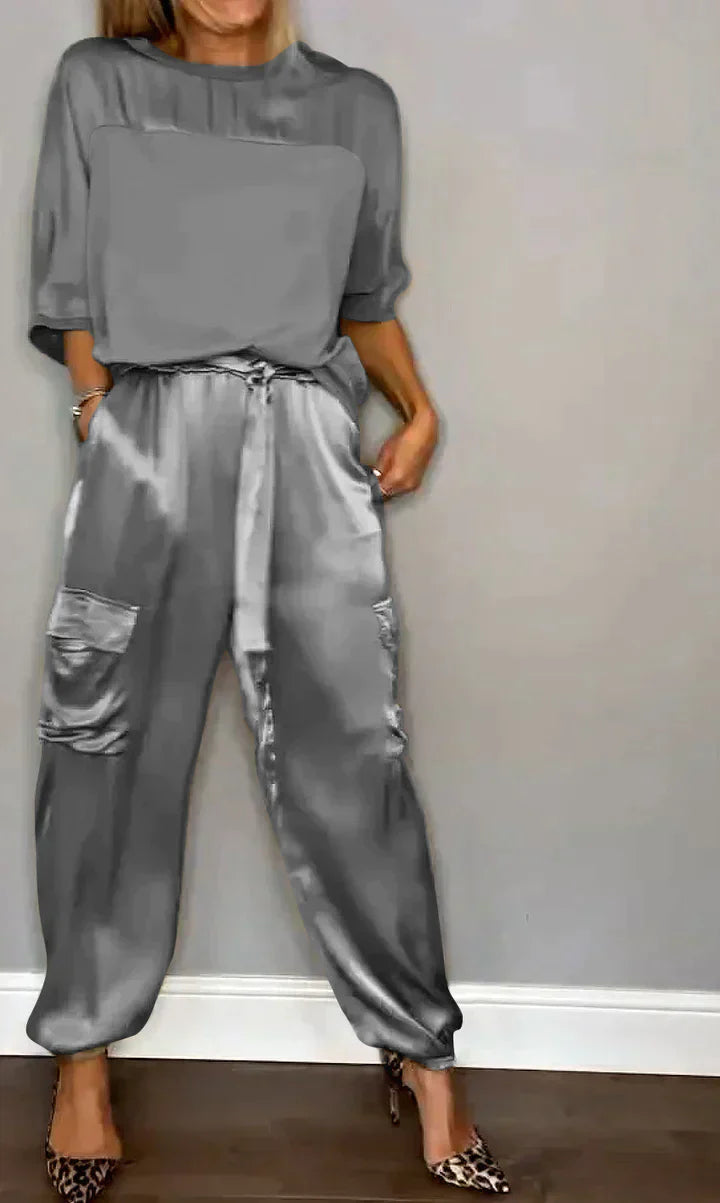 WW | Women's Smooth Satin Jumpsuit with Half-Length Top and Trousers