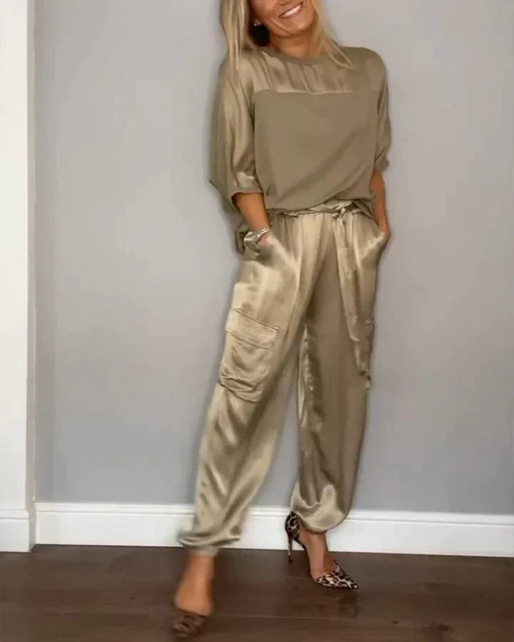 WW | Women's Smooth Satin Jumpsuit with Half-Length Top and Trousers