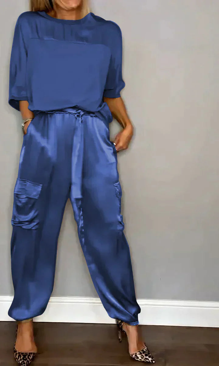 WW | Women's Smooth Satin Jumpsuit with Half-Length Top and Trousers