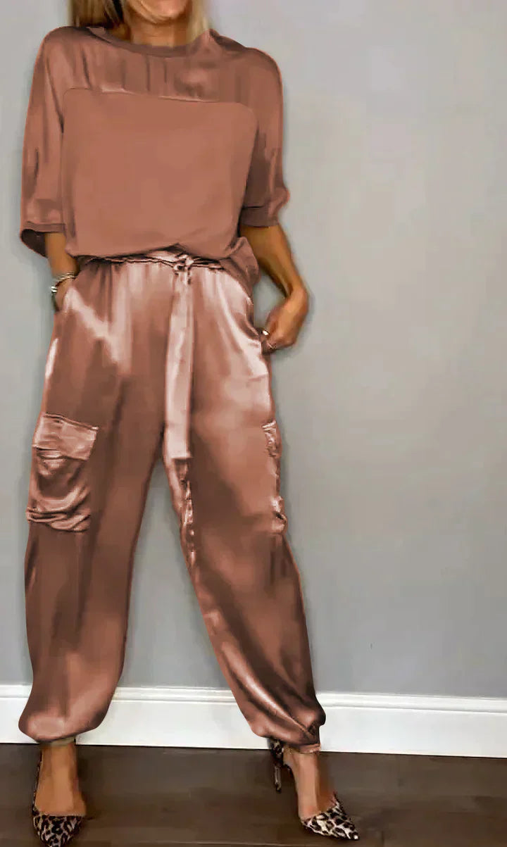 WW | Women's Smooth Satin Jumpsuit with Half-Length Top and Trousers