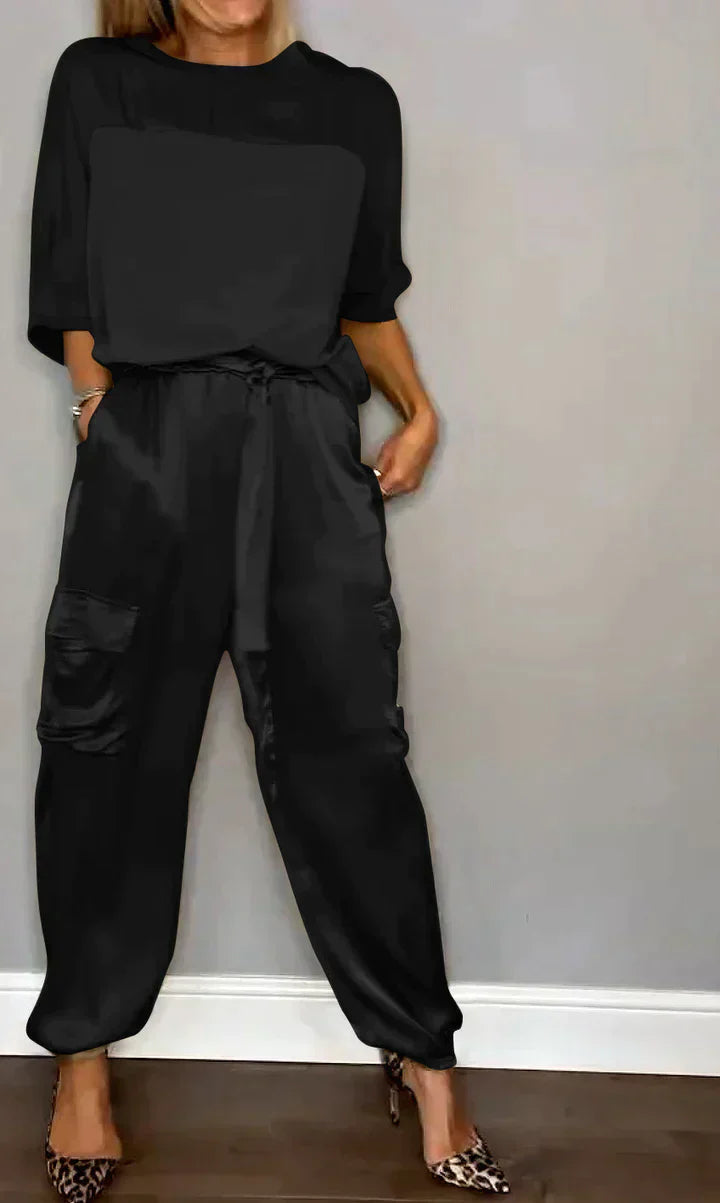 WW | Women's Smooth Satin Jumpsuit with Half-Length Top and Trousers