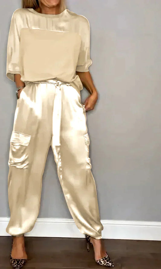 WW | Zweiteiliges Satinanzug Mit Mittellanger Bluse Und Hose Für Damen