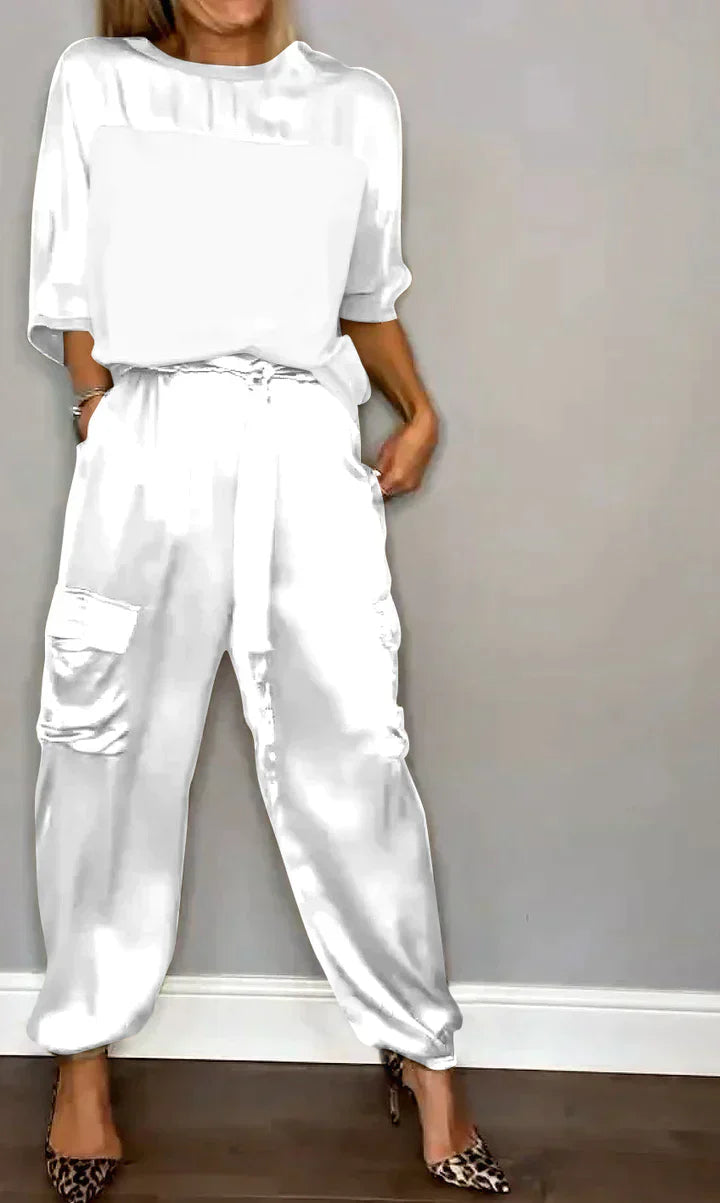 WW | Zweiteiliges Satinanzug Mit Mittellanger Bluse Und Hose Für Damen